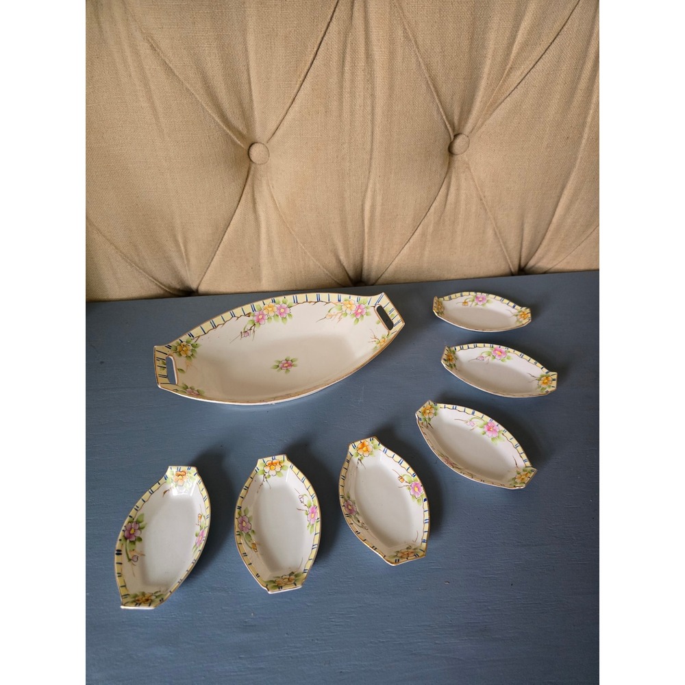 Antique Hand Painted Nippon Serving Set 1890 Floral Porcelain Dish with 6 Plates